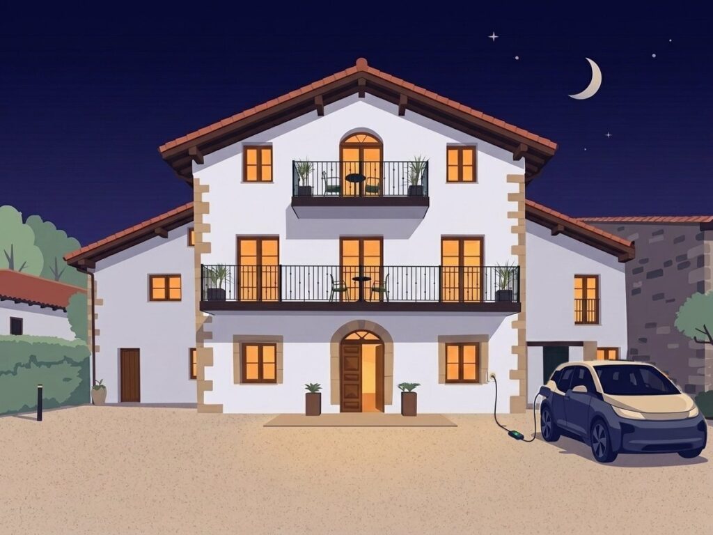 Illustration d'une voiture électrique rechargeant la nuit dans une prise de stationnement, à la porte de la maison de Jardines Villaverde