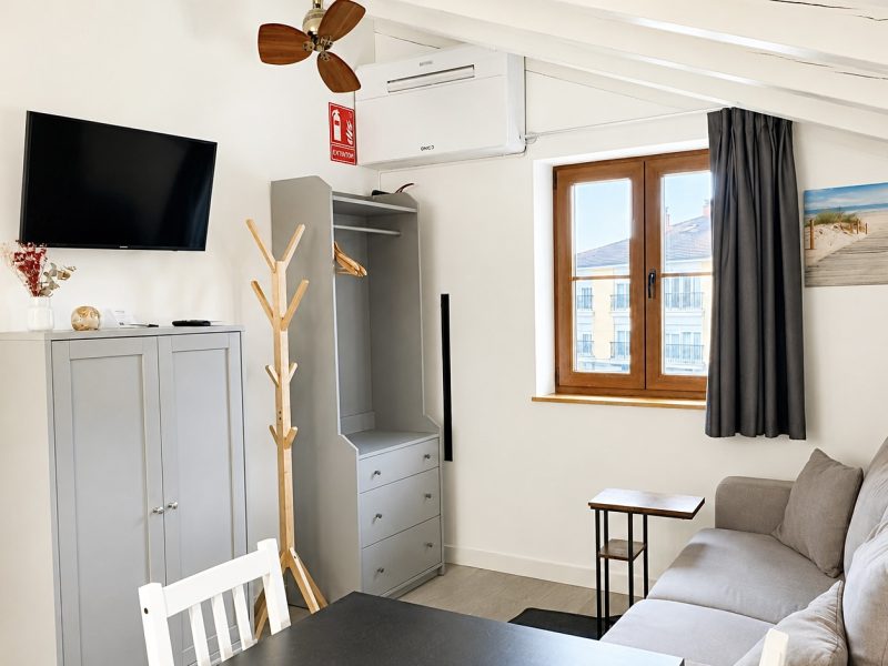 Salón moderno con sofá, armario y ventana